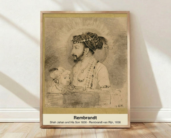 Framed vintage portrait painting depicting Shah Jahan and his son in warm ochre and brown tones, rendered in an impressionistic style with contemplative, historical mood.
