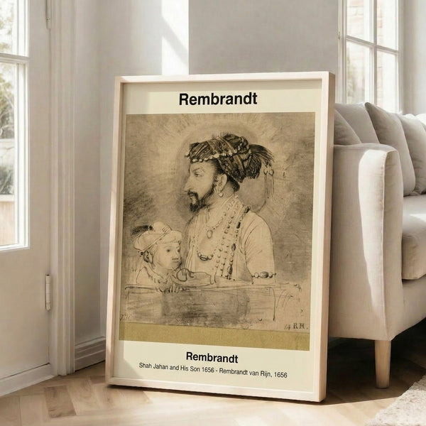 Vintage portrait print on wall showing Shah Jahan and his son in muted gold and shadow hues, painted in loose impressionistic brushwork suggesting intimacy and historical weight.