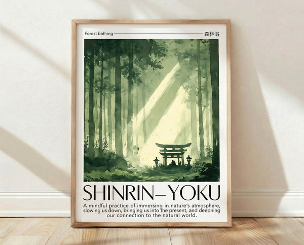 Watercolor painting of a serene forest path with a traditional torii gate, rendered in soft sage green and cream tones with a minimalist Japandi aesthetic.