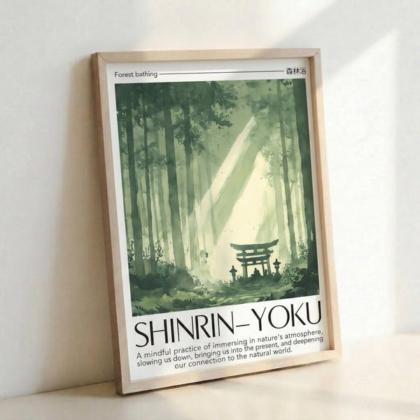 Japandi-style wall art depicting sunlight filtering through a peaceful forest with a wooden torii gate, using soft sage and neutral watercolor techniques.