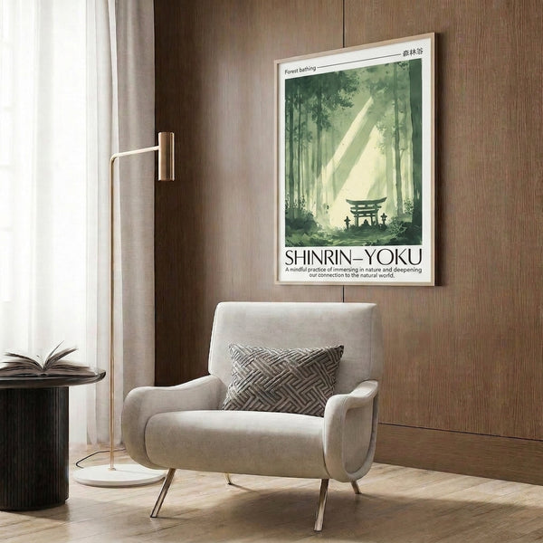 Minimalist watercolor print of a woodland shrine with torii gate and dappled sunlight through forest canopy, featuring muted sage and olive-green tones.