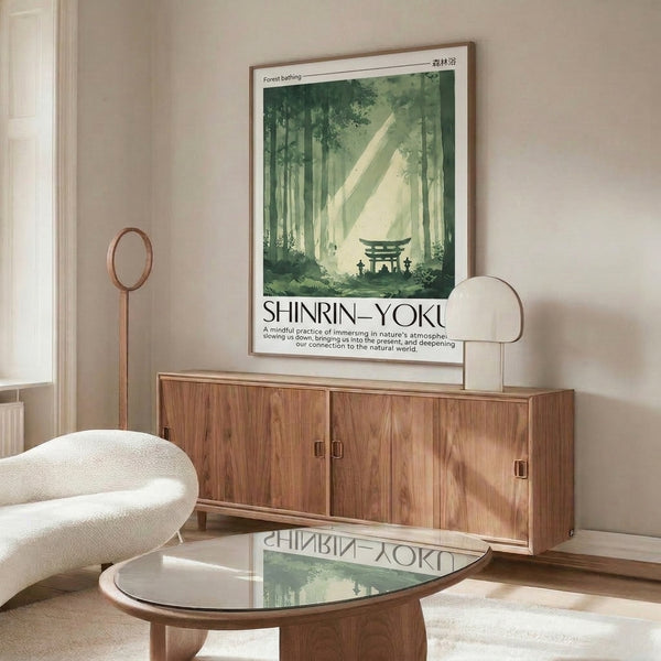 Contemplative forest landscape with torii gate framed by towering trees in soft watercolor, rendered in pale lime and cream hues for a zen aesthetic.