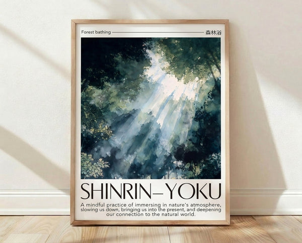 Serene watercolor forest scene with soft sage green trees emerging from pale mist, framed on wall in minimalist Japandi style.