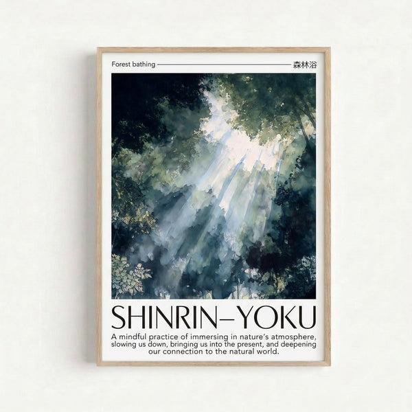 Contemplative forest bathing art print featuring misty trees in muted sage, cream, and soft blue tones in calming watercolor technique.