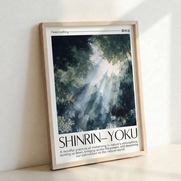 Meditative woodland poster with ethereal watercolor trees and light filtering through soft green and charcoal tones, hung as framed wall art.