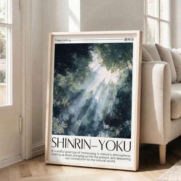 Tranquil Shinrin-Yoku inspired watercolor depicting layered forest silhouettes in pale blue, sage, and cream with minimalist aesthetic.