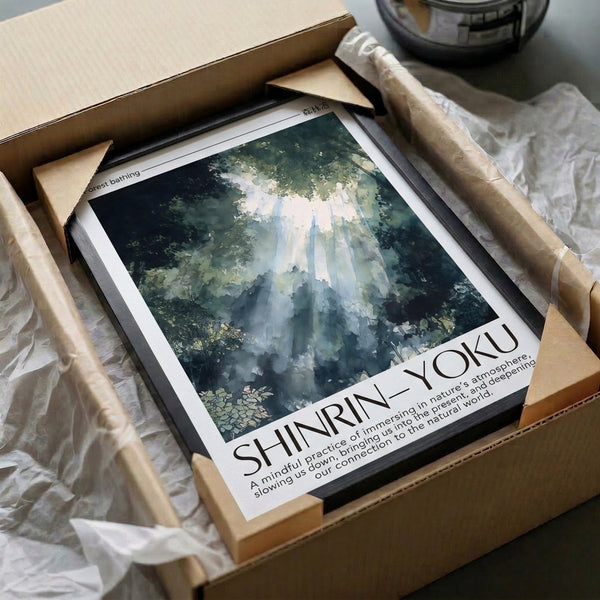 Zen forest bathing watercolor artwork featuring minimalist composition of trees and mist in soft sage, charcoal, and cream displayed as poster.