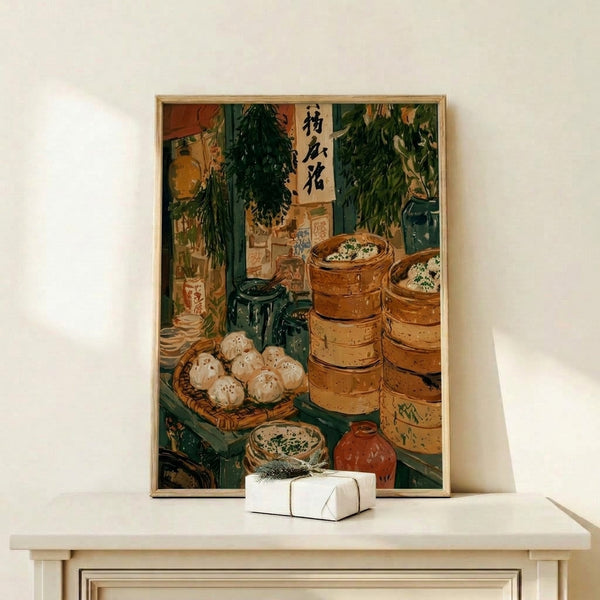 Warm vintage-inspired poster art showing bamboo baskets filled with dim sum delicacies, calligraphy details, and herbs in a Showa-era Japanese woodblock aesthetic with earthy forest green and terracotta hues.