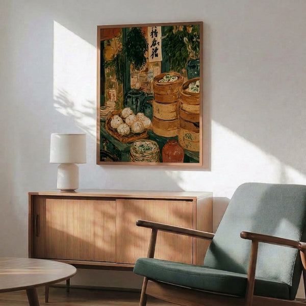 Japanese woodblock-style kitchen art print capturing the cozy ambiance of a dim sum market with stacked bamboo steamers, traditional herbs, and warm nostalgic colors of forest green, cream, and black ink details.