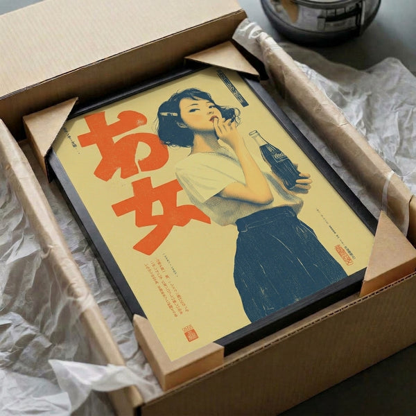 Vintage pinup-style Coca-Cola poster from the Showa era featuring a glamorous woman with bottle imagery in nostalgic cream, red-orange, and navy color scheme.