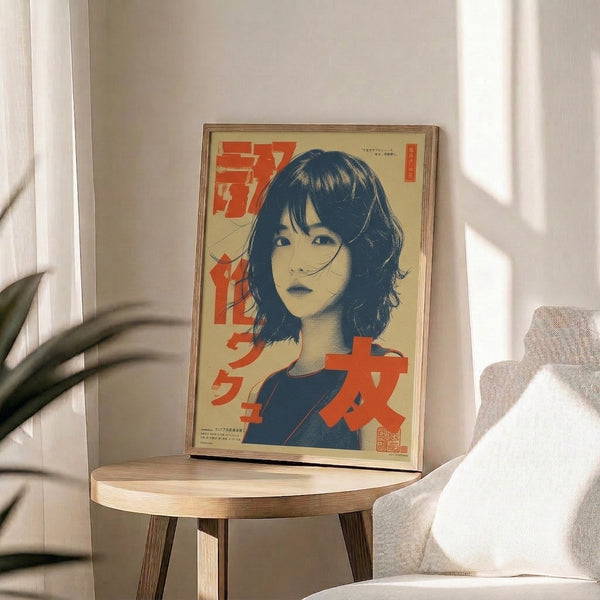 Vintage Japanese cinema poster aesthetic featuring a sophisticated woman's portrait in muted cream and rust red against navy, evoking retro mid-century appeal.