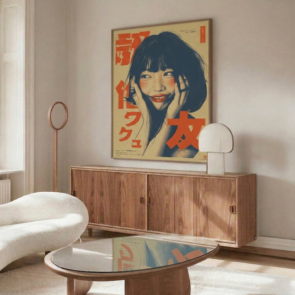 Pop art portrait of a woman in Showa retro style, hung as a framed wall poster with a warm cream and red-orange color scheme accented by navy.