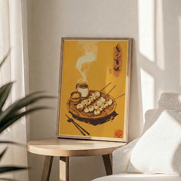 Nostalgic takoyaki food poster in traditional Japanese woodblock style, displaying golden yellows and brown tones that capture the appetizing essence of Showa era street food culture.