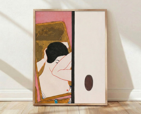 Japanese woodblock print depicting a contemplative woman gazing into a mirror, rendered in soft dusty pink, gold ochre, and cream tones with Art Nouveau elegance, evoking nostalgic Showa-era aesthetics.
