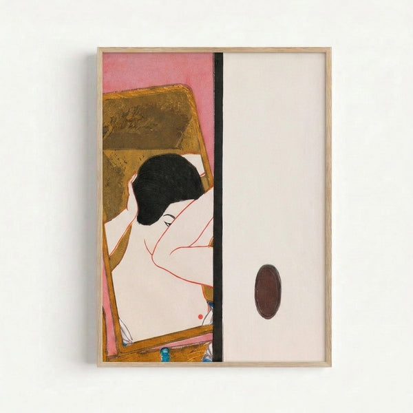 Framed Showa-period woodblock art showing a refined woman at her vanity with flowing hair and delicate features, composed in muted pinks and ochres with black linework and red accents.