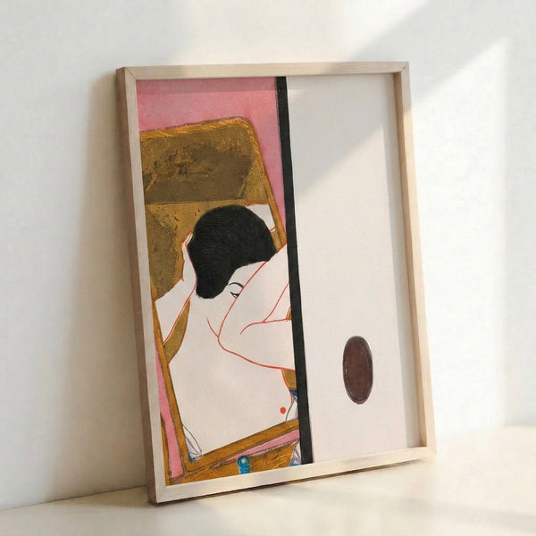 Japanese woodblock poster of a woman before a mirror in contemplative pose, featuring the flowing lines and sophisticated palette of Showa design with dusty rose, gold, and cream against black details.