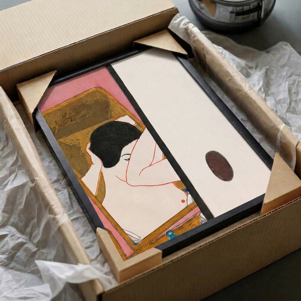 Art Nouveau-influenced Japanese woodblock print of a woman at her mirror in quiet contemplation, richly colored with dusty rose, gold ochre, and cream, exemplifying nostalgic Showa sensibilities.