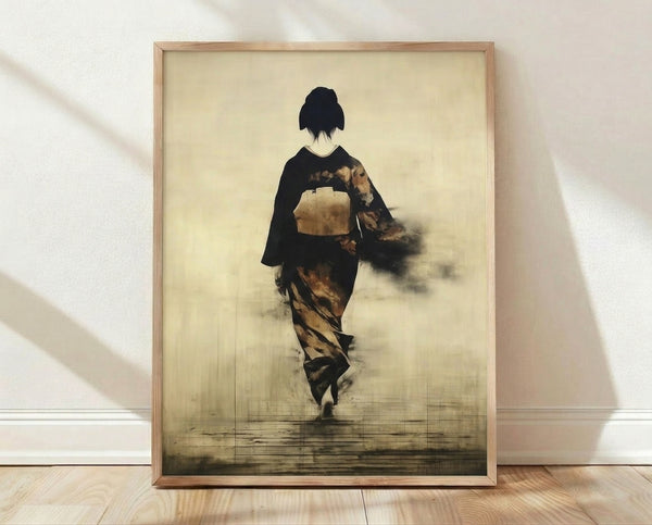Minimalist woodblock-style poster of a woman in kimono walking away, rendered in cream, black, and muted ochre tones with an ethereal, contemplative mood.