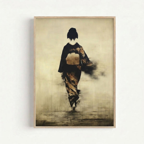 Framed art print featuring a silhouetted geisha in traditional kimono, composed in Japanese woodblock aesthetic with soft grey and tan palette against cream background.