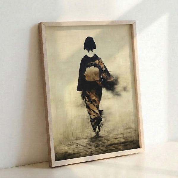 Wabi sabi inspired poster art showing a solitary figure in kimono viewed from behind, executed in minimalist style with mysterious black and ochre accents on neutral ground.