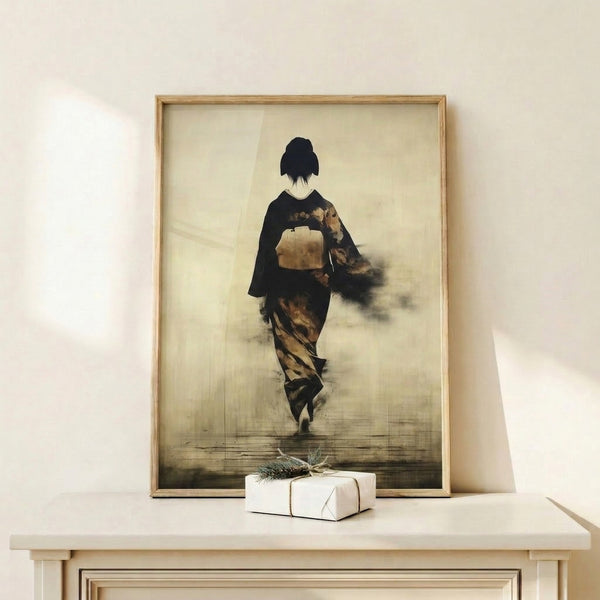 Wall art depicting a woman in traditional Japanese dress walking away, rendered in contemplative Showa-era woodblock style using cream, soft grey, and muted tan hues.