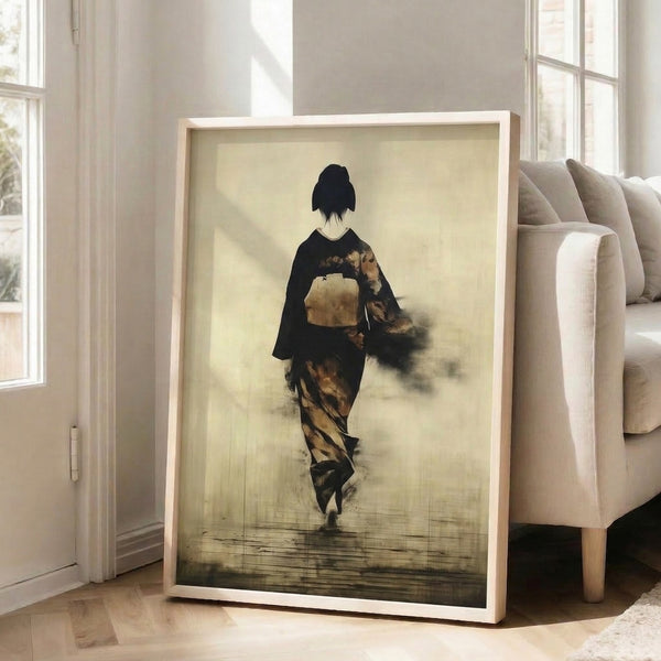 Minimalist framed poster of a kimono-clad silhouette in motion, capturing an ethereal mood through restrained use of black, ochre, and cream tones in Japanese artistic tradition.
