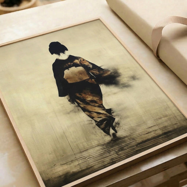 Japanese woodblock-inspired wall print of a solitary geisha in kimono, employing minimalist composition and a contemplative palette of soft neutrals and subtle ochre accents.