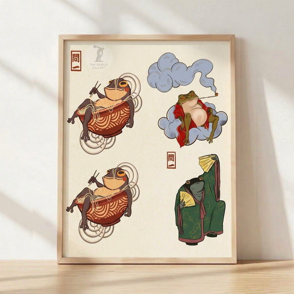 Whimsical framed poster featuring playful frogs dressed in traditional kimonos and ramen bowls, rendered in warm cream, rust-red, and olive-green tones with folk art style.