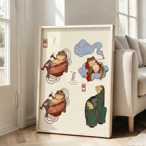 Japandi art print showing nostalgic illustration of anthropomorphic toads in kimono costumes amid floating ramen bowls and clouds, with muted blue-gray and gold accents.