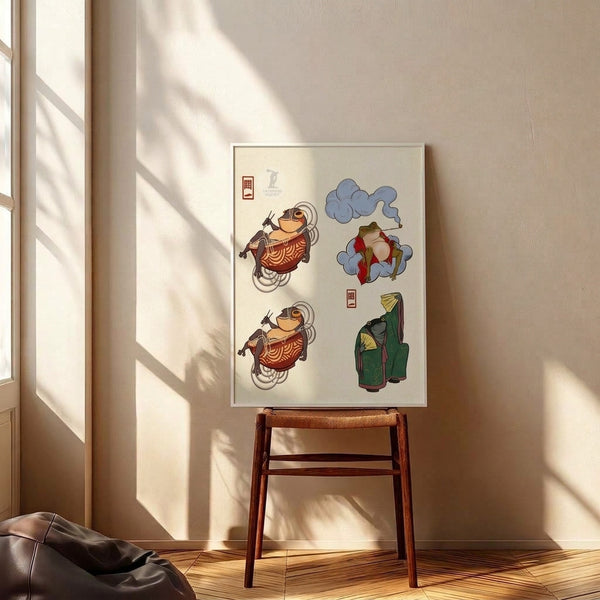 Charming wall poster depicting whimsical frog characters in traditional Japanese dress surrounded by steaming ramen, blending folk art aesthetics with cream and rust color palette.