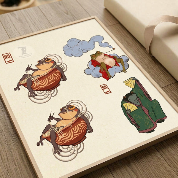 Playful Showa-inspired poster art displaying frogs in kimonos with ramen motifs, combining whimsical charm and cultural references in soft cream, olive, and gold tones.