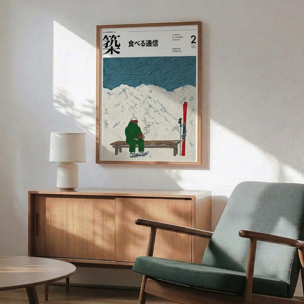 Nostalgic ski lodge wall art in classic Showa woodblock style with teal, red, and brown tones illustrating a solitary winter moment in the mountains with food and serene alpine atmosphere.