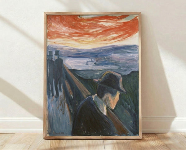 Expressionist portrait poster featuring a faceless figure in shades of orange, red, and dark tones, evoking melancholy and existential despair at sunset.