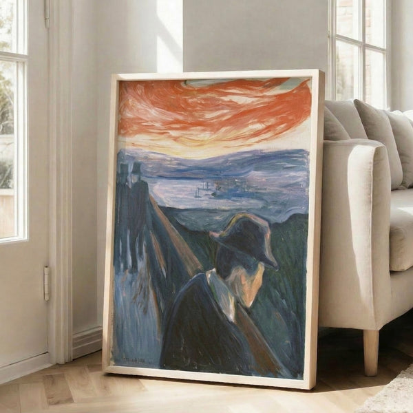 Contemporary wall art print with impressionistic brushwork showing an anguished form in warm and dark color contrasts, reminiscent of early 20th-century expressionism.