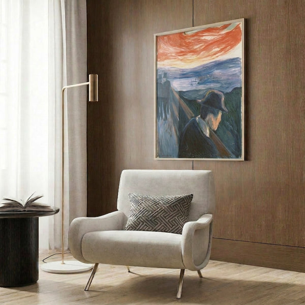 Vintage retro poster art featuring an expressionist interpretation of despair with warm sunset hues and shadowy abstract portraiture.