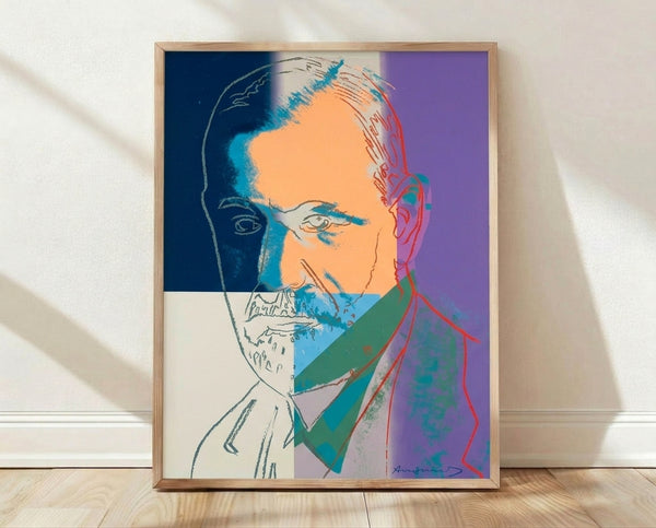 Pop art portrait of Sigmund Freud in vibrant colors and bold graphic style, framed as a wall poster featuring the psychoanalyst in Warhol's iconic minimalist approach.