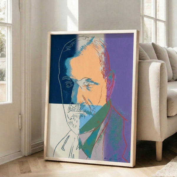 Bold pop art interpretation of Freud's likeness in contrasting bright colors and flattened forms, presented as a framed decorative poster.