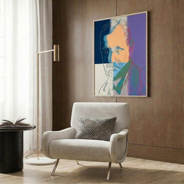 Iconic twentieth-century figure Sigmund Freud depicted in pop art style with saturated colors and minimalist portraiture, framed as modern wall art.
