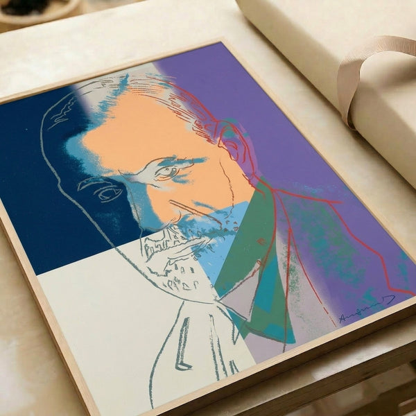 Vibrant graphic portrait of the renowned psychoanalyst Freud in pop art aesthetic with bold color separation and stylized features as a framed print.