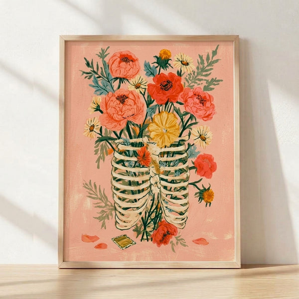 Watercolor painting of a delicate skeleton ribcage filled with a romantic bouquet of peonies, daisies, and flowing foliage in blush pink, coral, golden yellow, and sage green tones on cream background, framed as wall art.