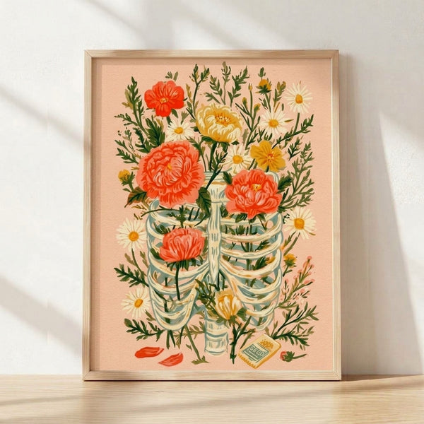 Watercolor art print featuring a delicate rib cage outlined in soft peach, filled with coral red peonies, golden daisies, and sage green leaves in a whimsical botanical arrangement.