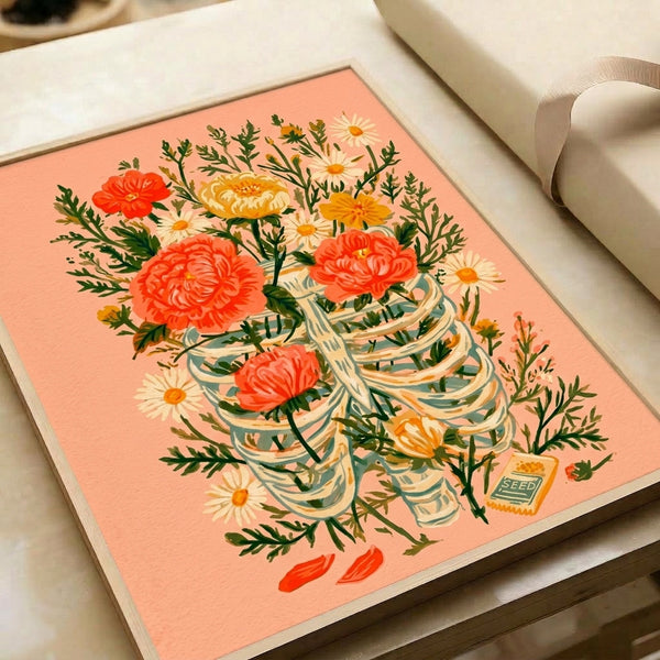 Thoughtful botanical watercolor print combining a rib cage skeleton with lush peony and daisy flowers in warm coral, golden yellow, and soft sage green tones on cream.