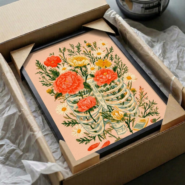 Whimsical watercolor wall art merging anatomical rib cage imagery with vibrant coral red and peach peonies, golden daisies, and soft green foliage in a contemporary floral composition.