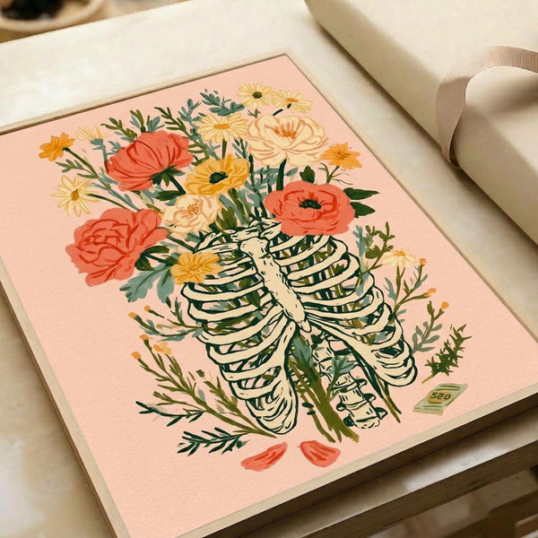 Poetic dark botanical poster depicting a skeleton ribcage transformed into a floral arrangement with whimsical pink and coral flowers, golden accents, and sage foliage, celebrating life and mortality.