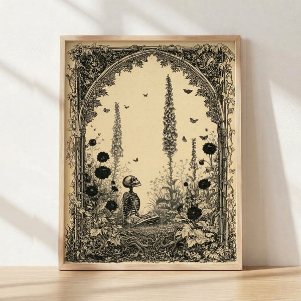 Framed line art poster of a skeleton figure standing beneath a foxglove flower arch, surrounded by botanical details and butterflies in sepia and black tones on cream background.