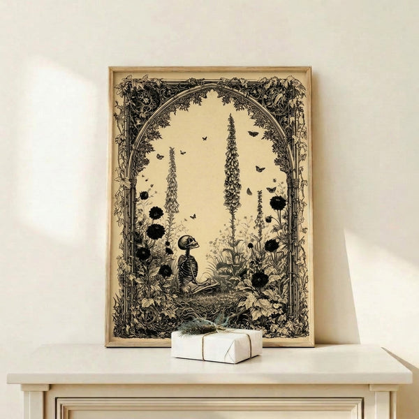 Gothic botanical art print featuring a skull amid delicate flowers and plants in a surreal garden setting, rendered in elegant black line work with warm sepia accents.