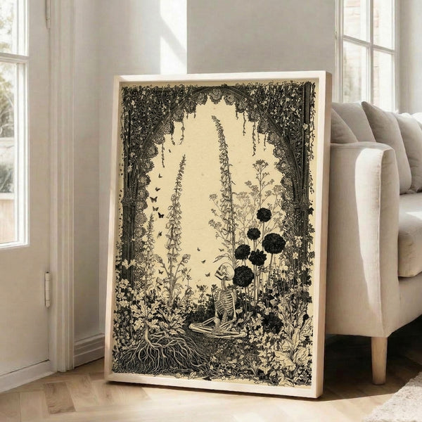 Darkly whimsical botanical illustration featuring a skeletal form entwined with flowering plants, butterflies, and roots in sepia-toned line work.