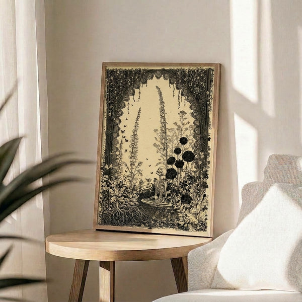 Gothic garden art print showing intricate line drawings of a skeleton merged with foxglove blooms, vines, and delicate insects in cottagecore memento mori style.