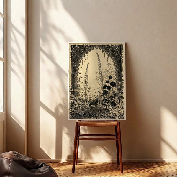 Framed wall art depicting a skeleton garden scene with flowing botanical elements, roots, and butterflies rendered in black etching on cream, evoking romantic gothic aesthetics.