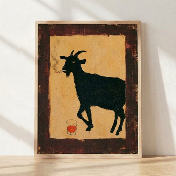 Retro pop art portrait of a goat smoking a cigarette and holding a whiskey glass, rendered in minimalist geometric lines with cream, black, rust red, and amber gold colors; framed poster on wall.